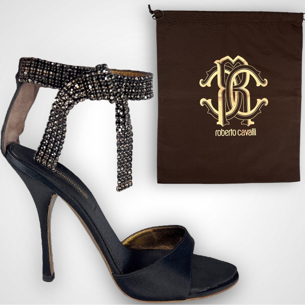 Roberto Cavalli Vintage Crystal Embellished Gems Black Bow Stiletto Heels - 37.5